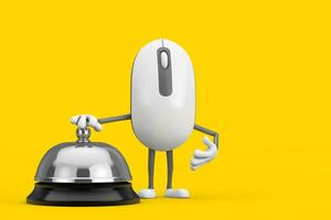 Computer Mouse Cartoon Person Character Mascot with Hotel Service Bell Call. 3d Rendering photo