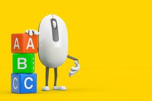 Computer Mouse Cartoon Person Character Mascot with Alphabet ABC Education Cubes. 3d Rendering photo