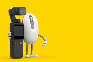 Computer Mouse Cartoon Person Character Mascot with Pocket Gimbal Action Camera. 3d Rendering photo