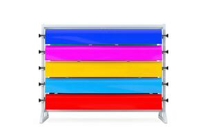 Multicolor PVC Polythene Plastic Tape Rolls or Foil Samples with Shop Display Rack. 3d Rendering photo