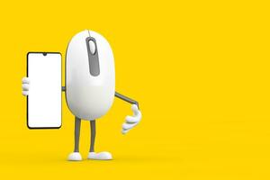 computadora ratón dibujos animados persona personaje mascota y moderno móvil teléfono con blanco pantalla para tu diseño. 3d representación foto