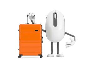 Computer Mouse Cartoon Person Character Mascot with Orange Travel Suitcase. 3d Rendering photo