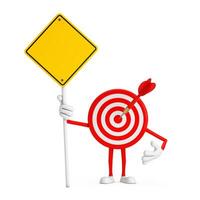 Archery Target and Dart in Center Cartoon Person Character Mascot and Yellow Road Sign with Free Space for Yours Design. 3d Rendering photo
