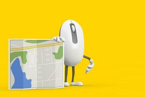 Computer Mouse Cartoon Person Character Mascot with Abstract City Plan Map. 3d Rendering photo
