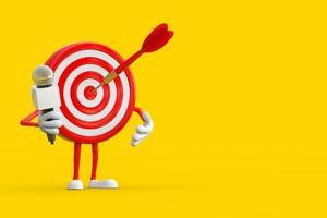 Archery Target and Dart in Center Cartoon Person Character Mascot with Modern Chrome Microphone. 3d Rendering photo