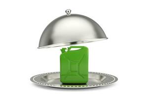 Silver Restaurant Cloche with Green Metal Jerrycan . 3d Rendering photo