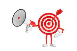 Archery Target and Dart in Center Cartoon Person Character Mascot with Red Retro Megaphone. 3d Rendering photo