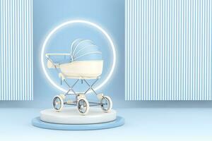 Modern Blue Baby Carriage, Stroller, Pram on top of Product Presentation Stage or Pedestal. 3d Rendering photo