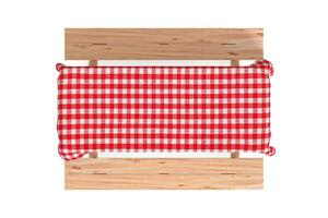Top View of Wooden Picnic Table with Benches and Red Plaid Tablecloth. 3d Rendering photo