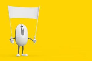 Computer Mouse Cartoon Person Character Mascot and Empty White Blank Banner with Free Space for Your Design. 3d Rendering photo