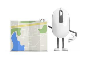 Computer Mouse Cartoon Person Character Mascot with Abstract City Plan Map. 3d Rendering photo