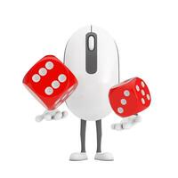 Computer Mouse Cartoon Person Character Mascot with Red Game Dice Cubes in Flight. 3d Rendering photo