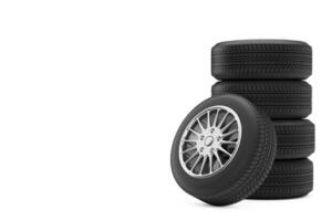 New Car Wheel Tires Pile. 3d Rendering photo