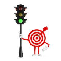 Archery Target and Dart in Center Cartoon Person Character Mascot with Traffic Green Light. 3d Rendering photo