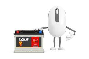 Computer Mouse Cartoon Person Character Mascot and Rechargeable Car Battery 12V Accumulator with Abstract Label. 3d Rendering photo