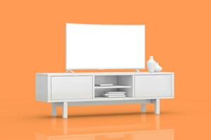 White Modern Curved Led or LCD Smart TV Screen Mockup above White Console Rack in Clay Style. 3d Rendering photo