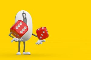 Computer Mouse Cartoon Person Character Mascot with Red Game Dice Cubes in Flight. 3d Rendering photo