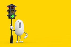 computadora ratón dibujos animados persona personaje mascota con tráfico verde ligero. 3d representación foto