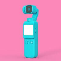 Blue Pocket Handheld Gimbal Action Camera in Duotone Style. 3d Rendering photo
