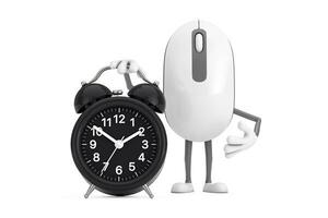 computadora ratón dibujos animados persona personaje mascota con alarma reloj. 3d representación foto