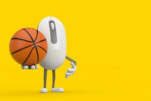 computadora ratón dibujos animados persona personaje mascota con baloncesto pelota. 3d representación foto