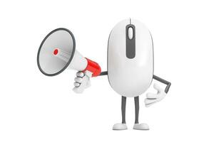 Computer Mouse Cartoon Person Character Mascot with Red Retro Megaphone. 3d Rendering photo