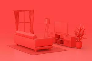 Red Monochrome Duotone Room Modern Interior with Window, TV, Carpet and Sofa. 3d Rendering photo