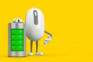 Computer Mouse Cartoon Person Character Mascot with Abstract Charging Battery. 3d Rendering photo