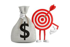 Archery Target and Dart in Center Cartoon Person Character Mascot with Tied Rustic Canvas Linen Money Sack or Money Bag with Dollar Sign. 3d Rendering photo