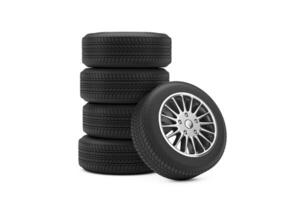 New Car Wheel Tires Pile. 3d Rendering photo
