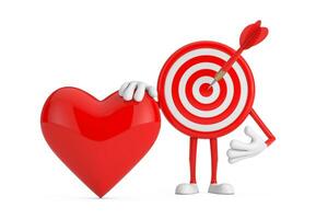 Archery Target and Dart in Center Cartoon Person Character Mascot with Red Heart. 3d Rendering photo