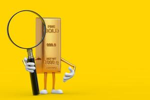 Golden Bar Cartoon Person Character Mascot with Magnifying Glass. 3d Rendering photo
