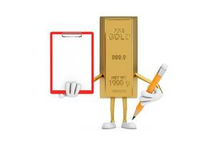 Golden Bar Cartoon Person Character Mascot with Red Plastic Clipboard, Paper and Pencil. 3d Rendering photo