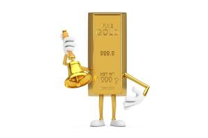 Golden Bar Cartoon Person Character Mascot with Vintage Golden School Bell. 3d Rendering photo