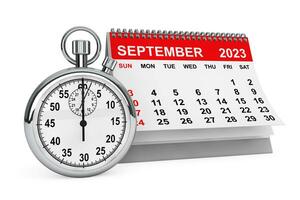 2023 año septiembre calendario con cronógrafo. 3d representación foto