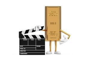 Golden Bar Cartoon Person Character Mascot with Movie Clapper Board. 3d Rendering photo