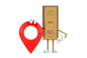 Golden Bar Cartoon Person Character Mascot with Red Target Map Pointer Pin. 3d Rendering photo