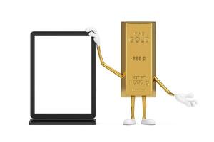 Golden Bar Cartoon Person Character Mascot with Blank Trade Show LCD Screen Display Stand as Template for Your Design. 3d Rendering photo