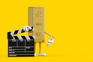 Golden Bar Cartoon Person Character Mascot with Movie Clapper Board. 3d Rendering photo