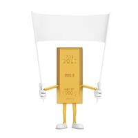 Golden Bar Cartoon Person Character Mascot and Empty White Blank Banner with Free Space for Your Design. 3d Rendering photo