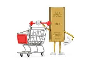 Golden Bar Cartoon Person Character Mascot with Shopping Cart Trolley. 3d Rendering photo