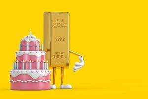 Golden Bar Cartoon Person Character Mascot with Birthday Cartoon Dessert Tiered Cake and Candles. 3d Rendering photo