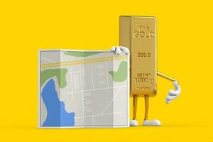 Golden Bar Cartoon Person Character Mascot with Abstract City Plan Map. 3d Rendering photo