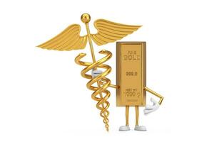 Golden Bar Cartoon Person Character Mascot with Golden Medical Caduceus Symbol. 3d Rendering photo