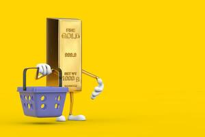 Golden Bar Cartoon Person Character Mascot with Cartoon Shopping Basket. 3d Rendering photo