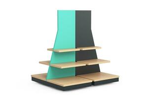 Empty Wooden Store Product Display Showcase Rack Shelves. 3d Rendering photo