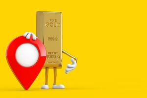 Golden Bar Cartoon Person Character Mascot with Red Target Map Pointer Pin. 3d Rendering photo