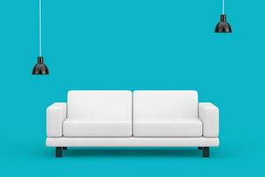 White Simple Modern Sofa Furniture with Black Ceiling Lamp. 3d Rendering photo