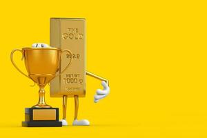 dorado bar dibujos animados persona personaje mascota con dorado premio trofeo. 3d representación foto