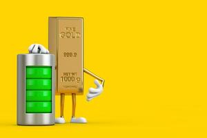 Golden Bar Cartoon Person Character Mascot with Abstract Charging Battery. 3d Rendering photo